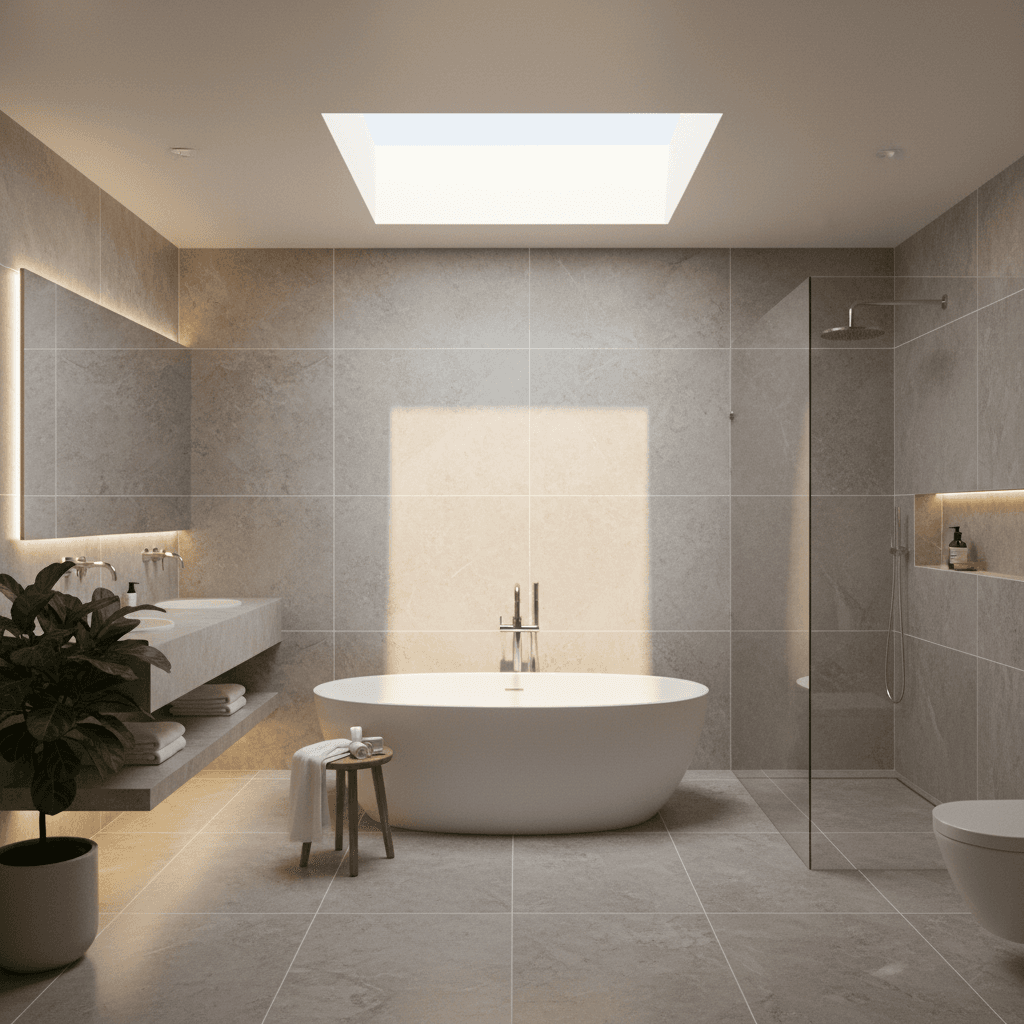 Luxurious master bathroom with freestanding soaking tub and skylight
