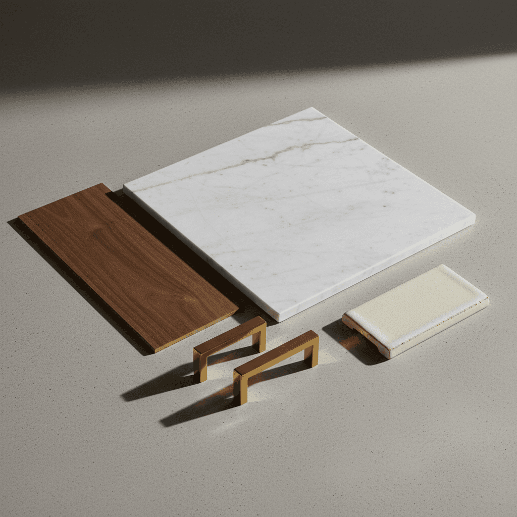 Premium construction materials: marble, wood, metal, and ceramic samples