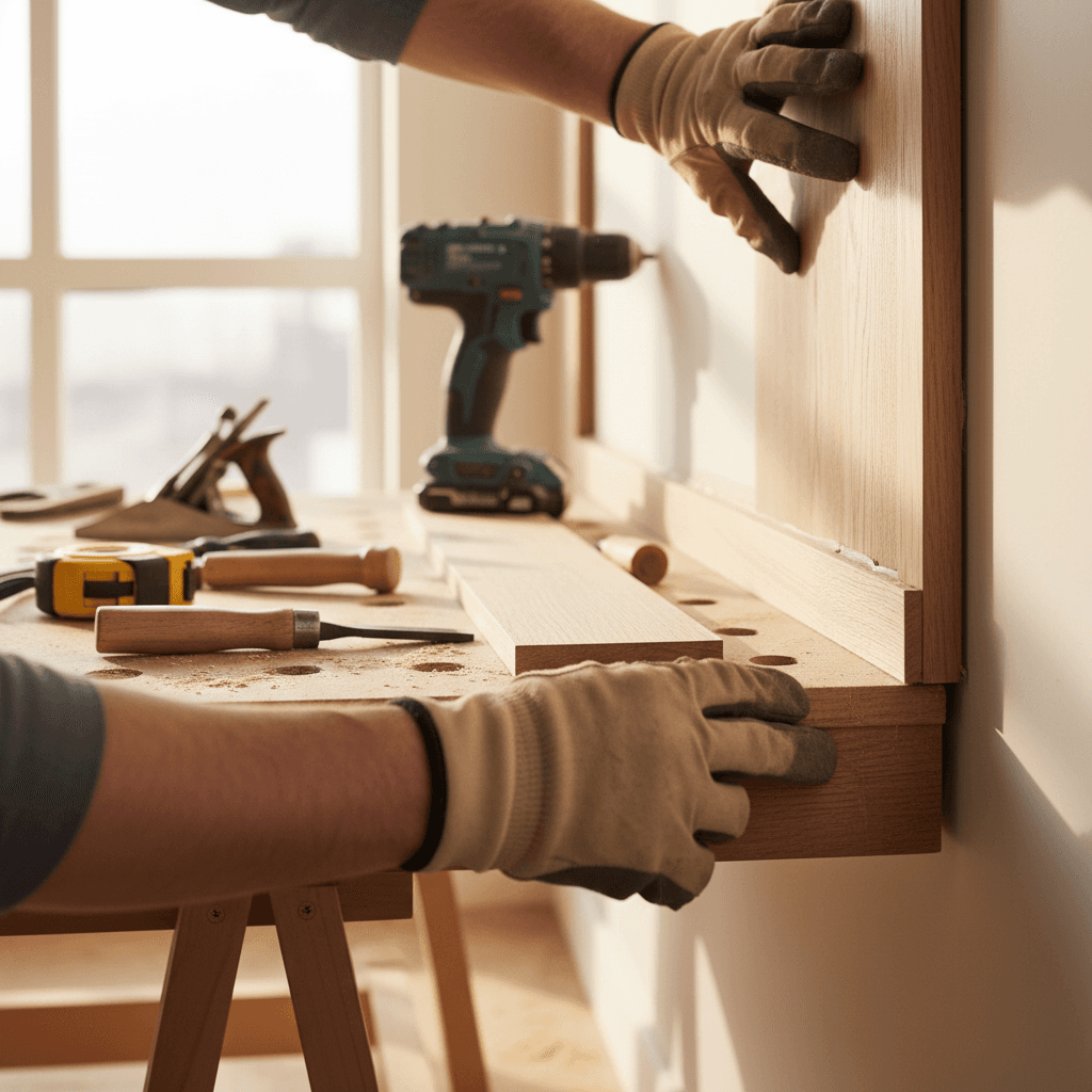 Builder installing custom millwork with precision craftsmanship