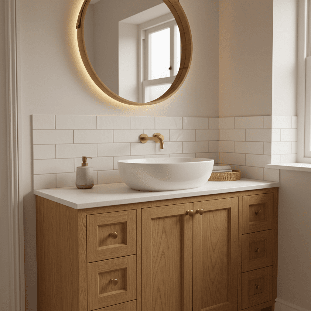 Custom bathroom vanity with quality fixtures and craftsmanship details