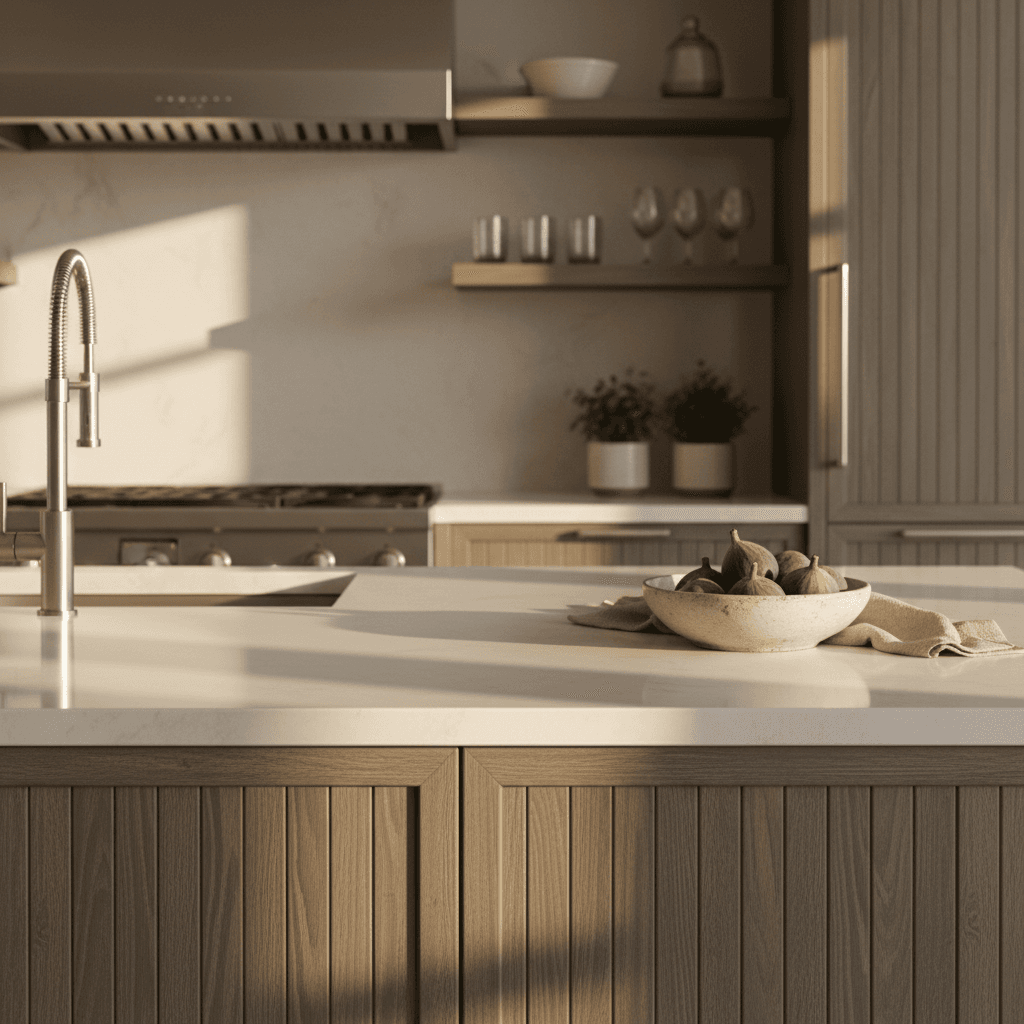 Luxury kitchen countertop with modern finishes and custom cabinetry