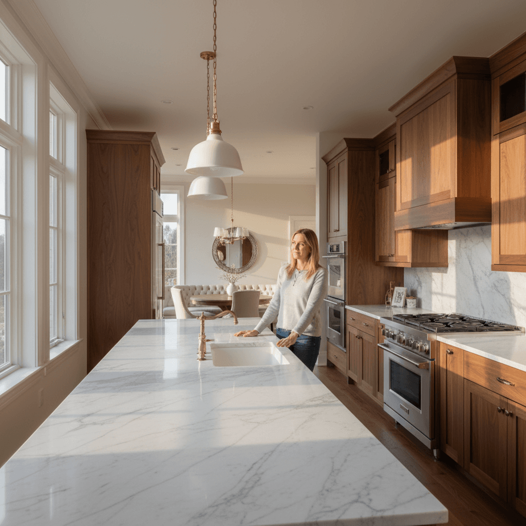Luxury kitchen renovation with custom cabinetry and marble countertops