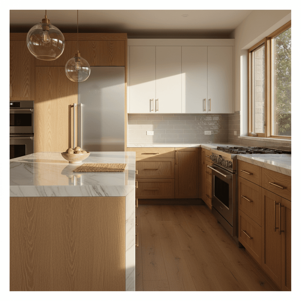 Modern luxury kitchen with marble countertops and custom cabinetry