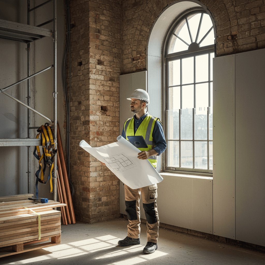 Project manager reviewing renovation site