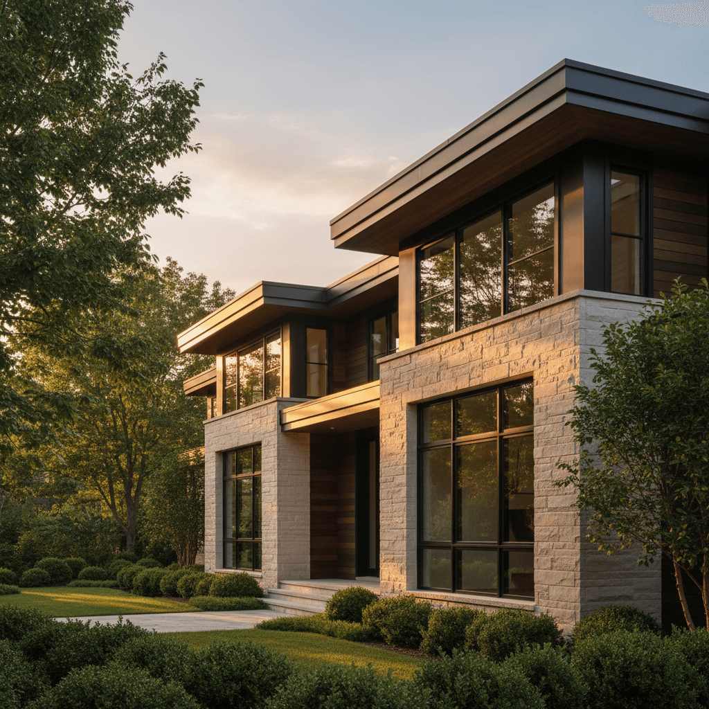 Custom luxury home exterior with modern architecture and professional landscaping
