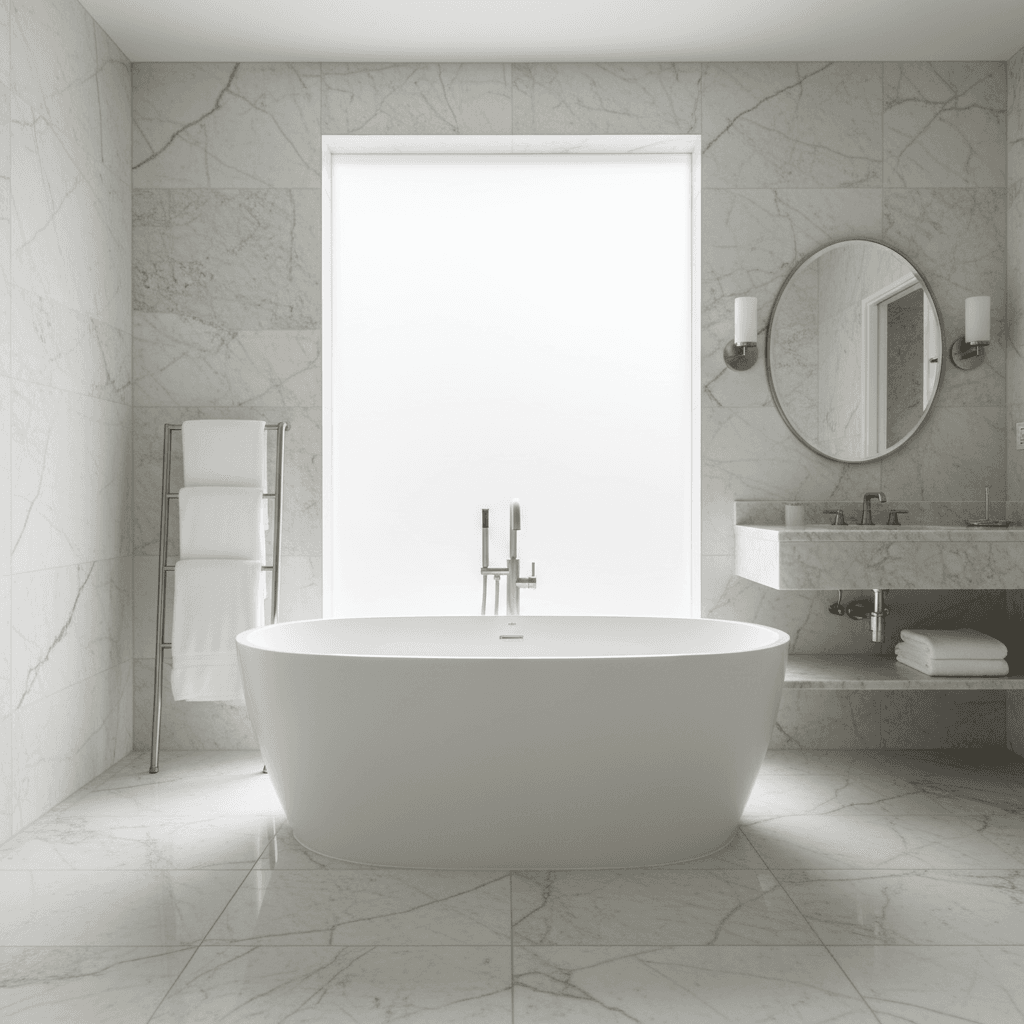 Modern upscale bathroom with soaking tub and marble finishes