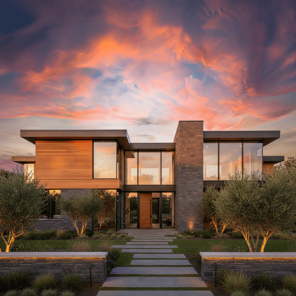 Newly completed custom home exterior with professional landscaping