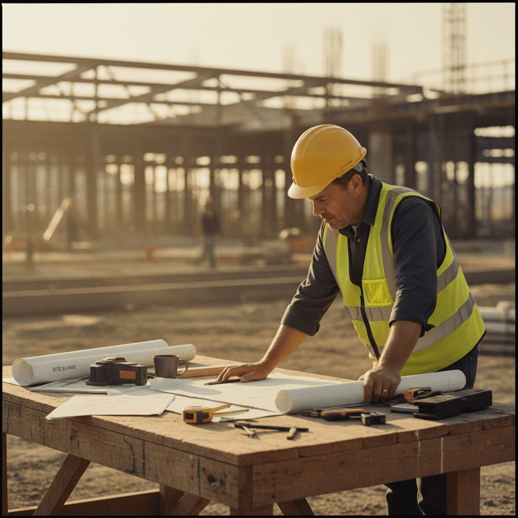 Construction coordinator reviewing project blueprints and planning documents