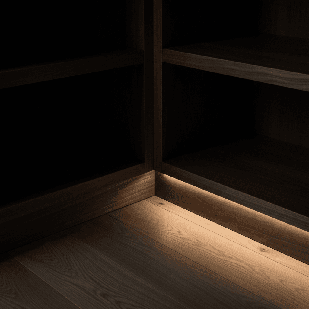 Custom built-in shelving detail showing precision interior craftsmanship