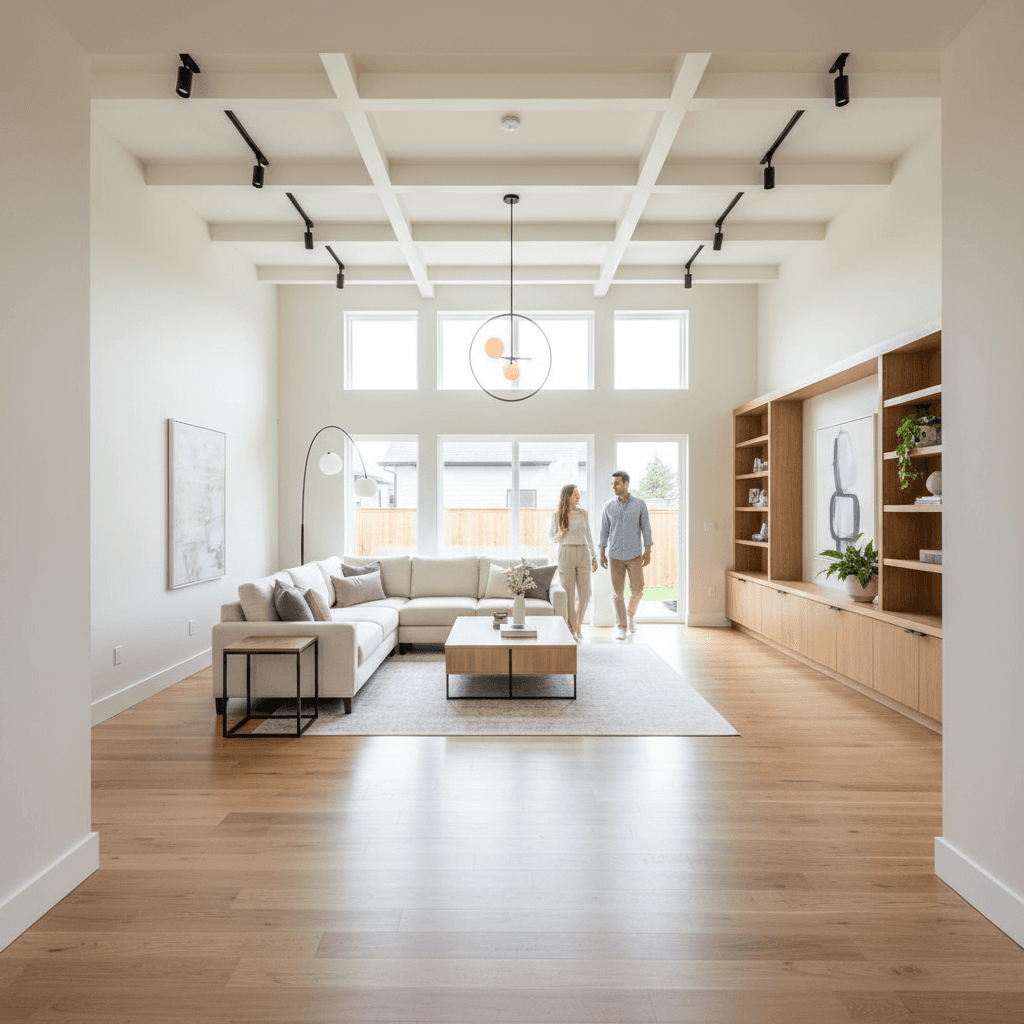 Open-concept living room renovation with high ceilings and natural light