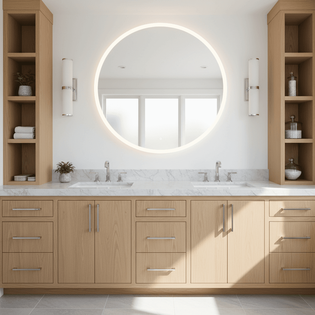 Dual-sink luxury bathroom vanity with custom cabinetry and marble countertop