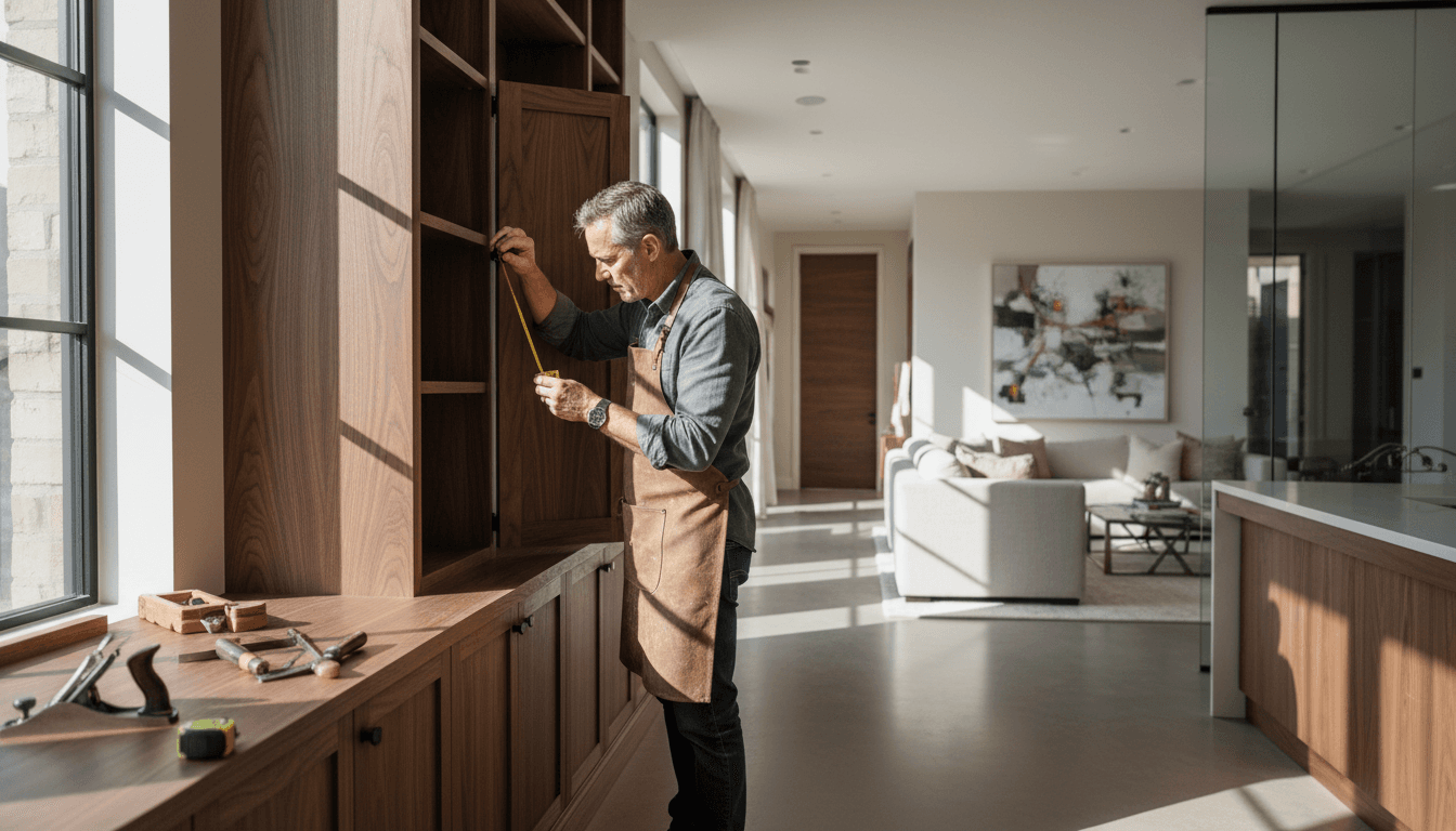 Skilled builder inspecting custom woodwork in luxury home renovation