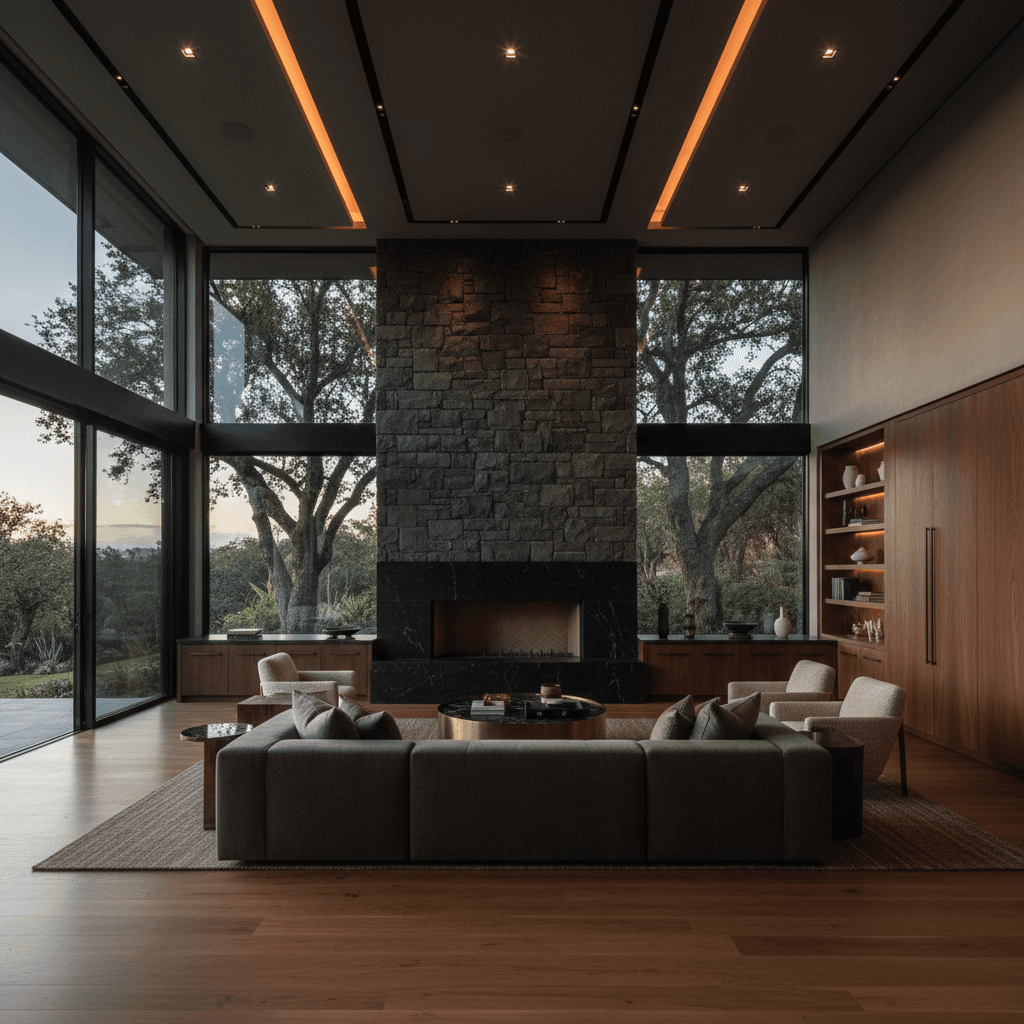 Spacious great room renovation with stone fireplace and premium finishes