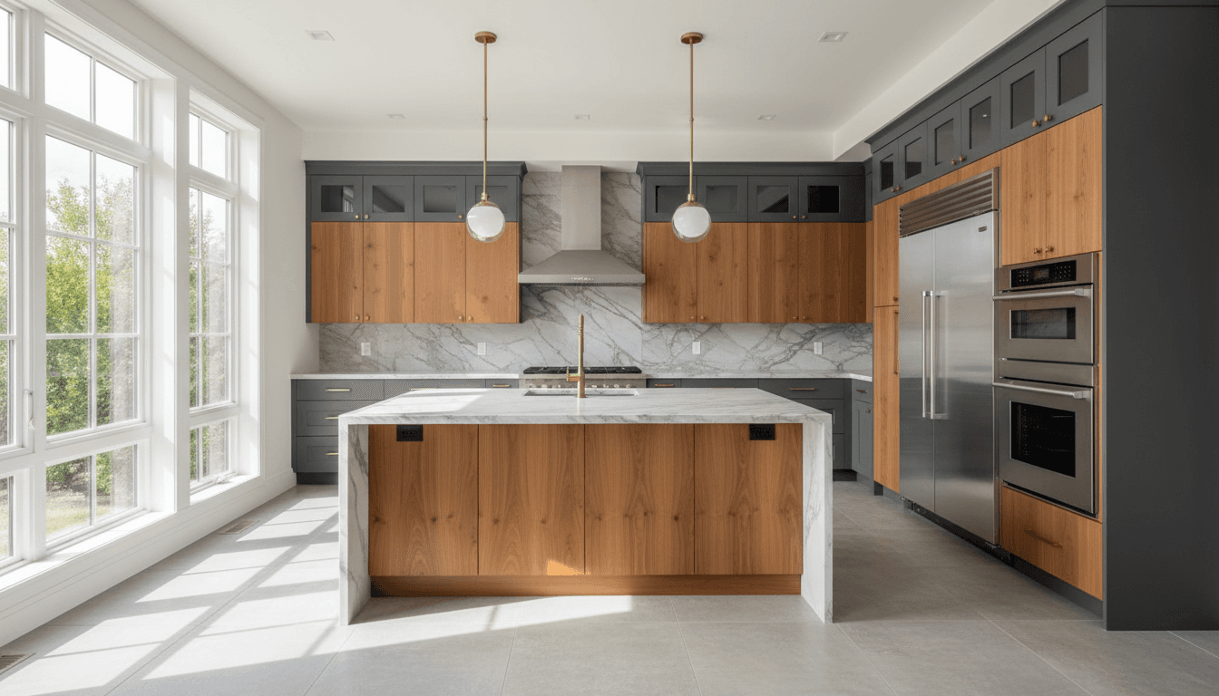 Modern luxury kitchen renovation with marble countertops and custom cabinetry